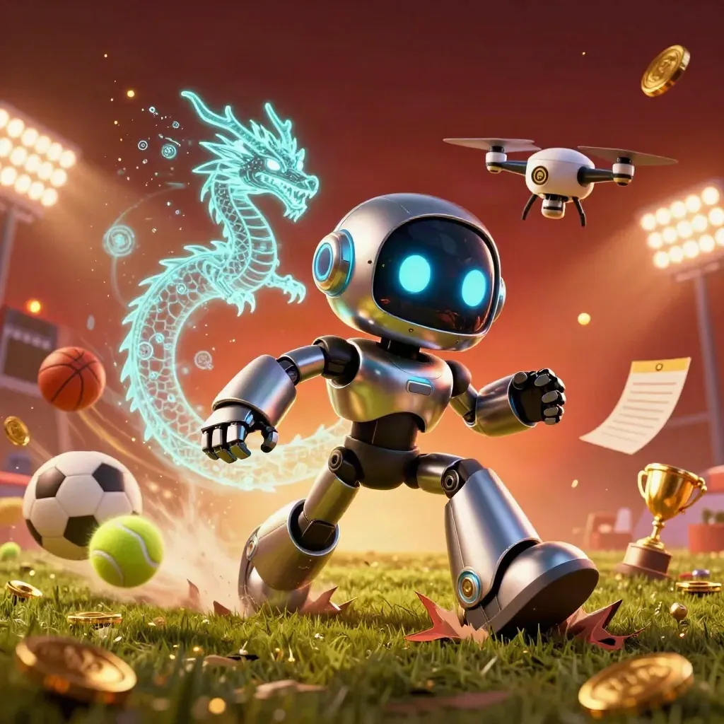 Cyberpunk robot, holographic dragon, drone, sports balls, coins, trophy, dramatic casino glow