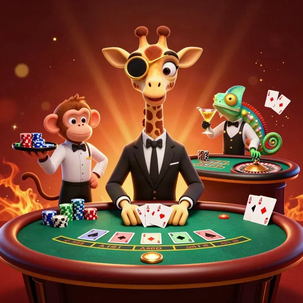 Giraffe, monkey, and chameleon at a glowing casino table with chips, cards, and smoke.