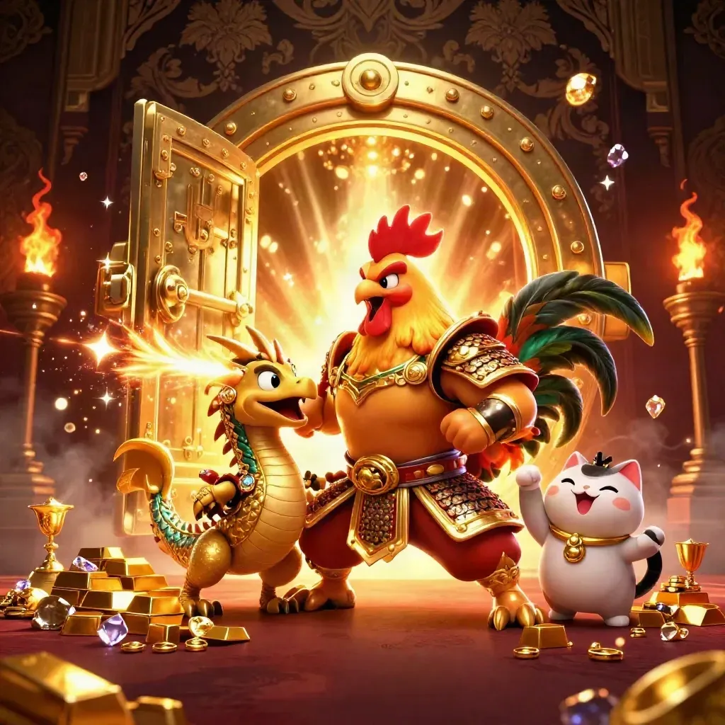 Rooster samurai, dragon hatchling, and fortune cat burst around an open treasure vault.