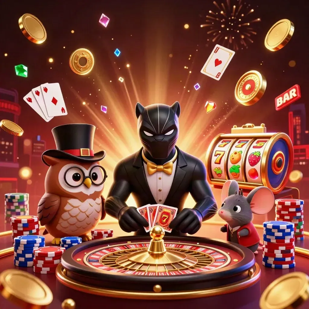 Panther, owl, and mouse amid coins, roulette, fireworks, and jackpot energy in a dark luxe casino burst.