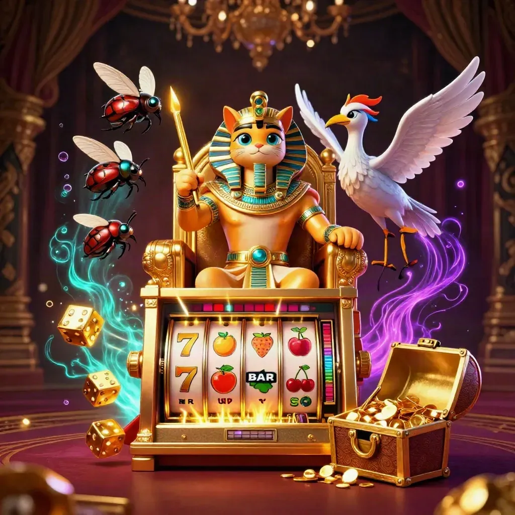 Pharaoh cat, ibis scribe and scarabs amid slot burst, gold and purple glow.
