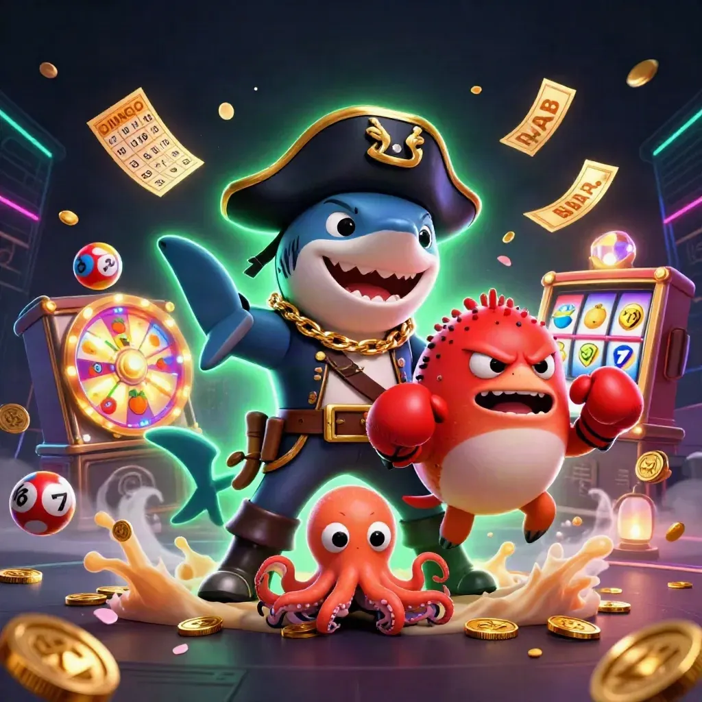 Pirate shark, boxing pufferfish, and juggling octopus amid casino jackpot chaos.